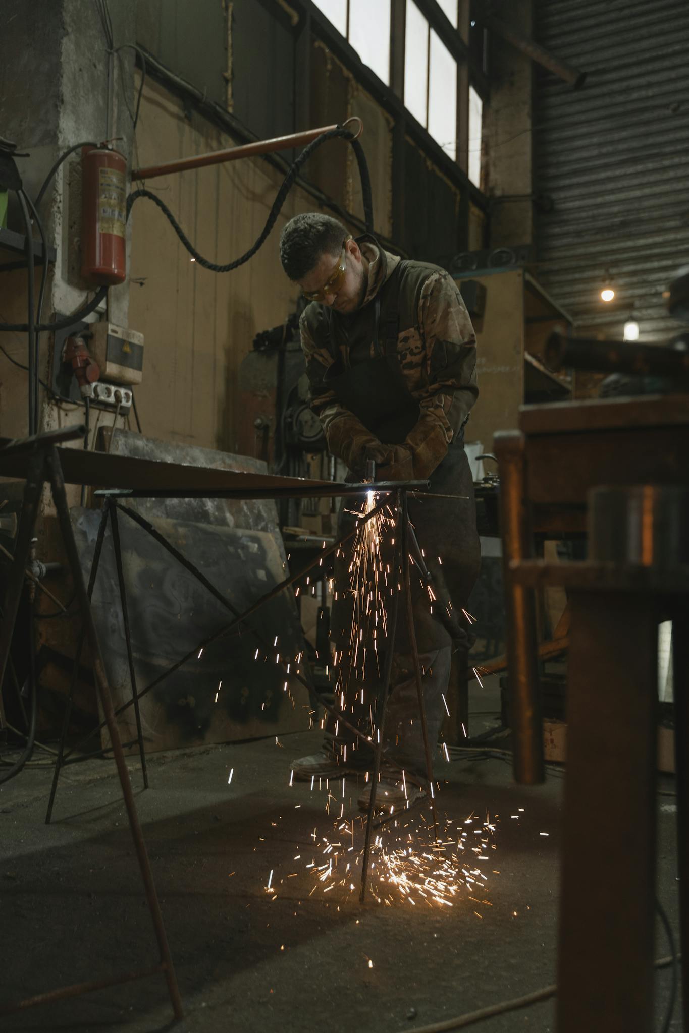 A welder wearing safety glasses works in a factory producing sparks.